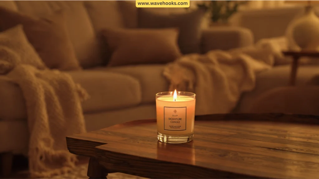 A cozy room with a signature candle representing a unified home scent identity.
