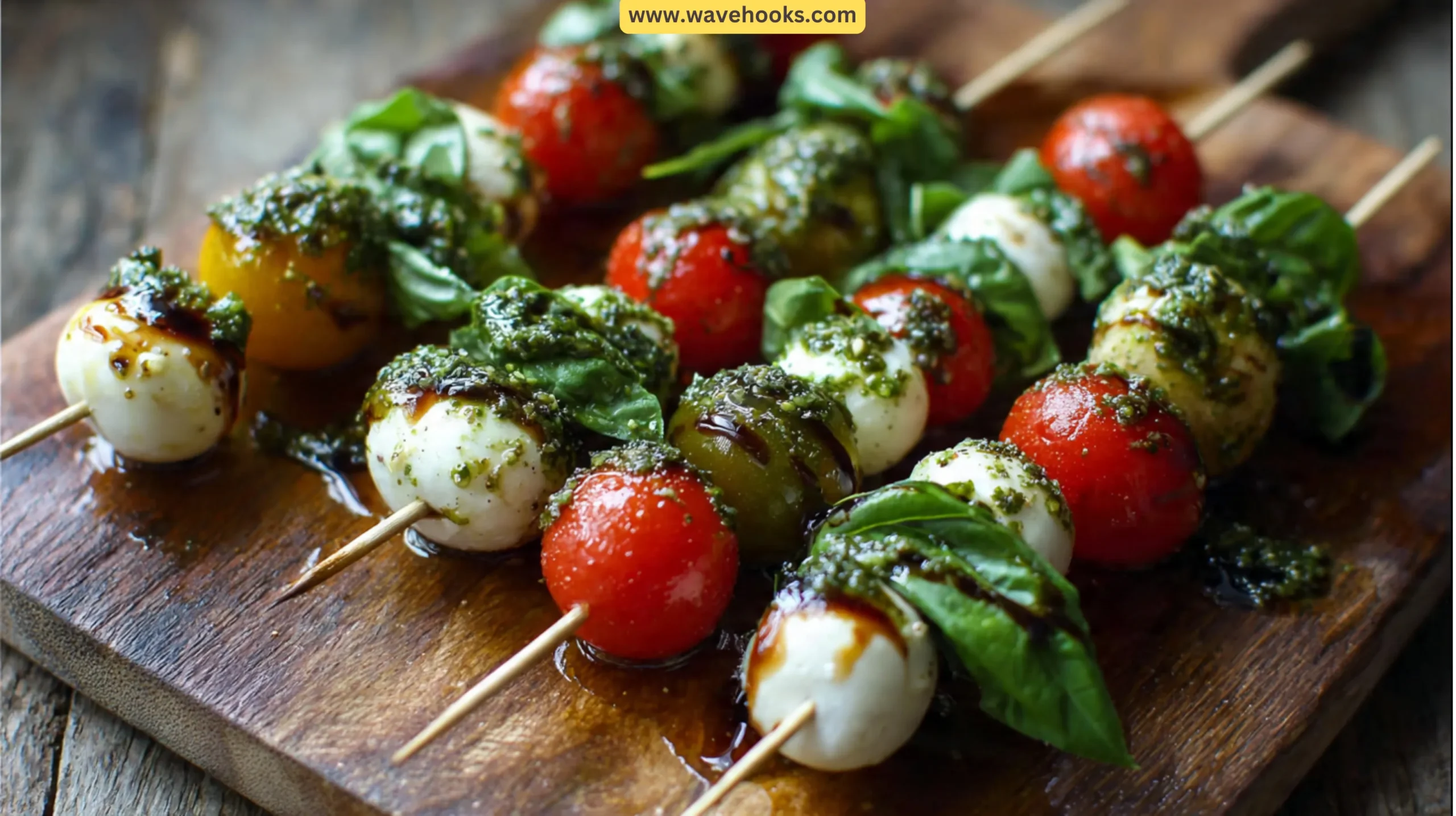 17. Caprese Skewers with Pesto Drizzle