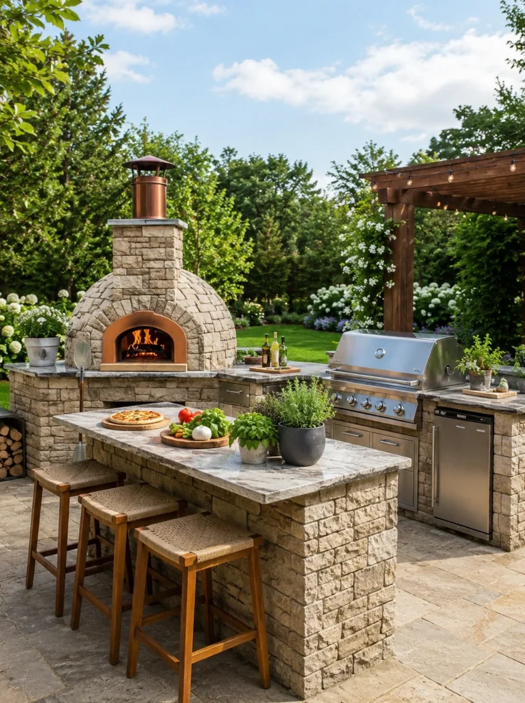 1. Outdoor Kitchen with Built-In Pizza Oven summer backyard ideas