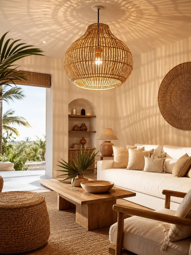 14. Natural Wood and Rattan Lighting