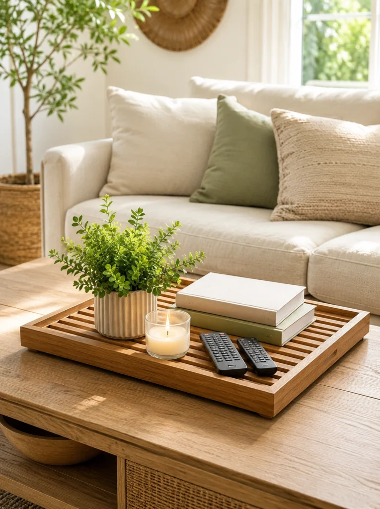 27. Slatted Wood Tray for Coffee Table Styling