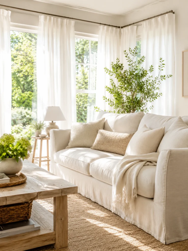 1. Light Linen Slipcovers and Curtains Summer Home Decor Ideas