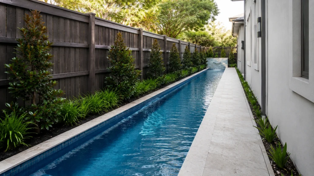 6. Side-Yard Lap Pool Running Along the Fence Line
