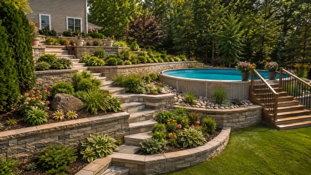 17. Terraced Retaining Walls Leading to the Pool