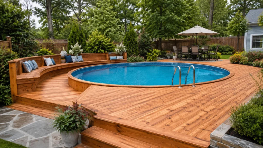 1. Wraparound Cedar Deck Above-Ground Pool Ideas