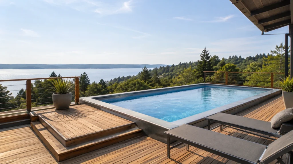3. Minimalist Floating Deck With Cable Railings