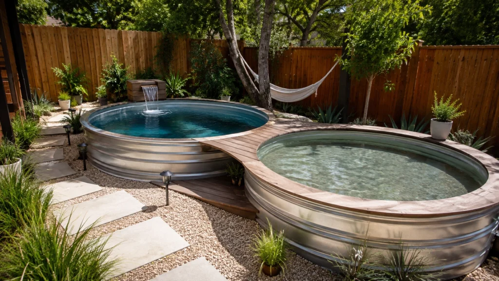 28. Two Connected Stock Tanks for a Plunge-and-Lounge Setup