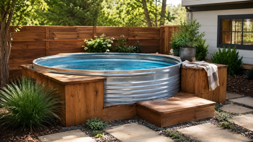 26. Galvanized Stock Tank With a Built-In Wood Surround