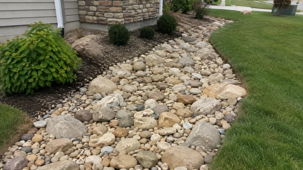 1. Classic Dry Creek Bed Look front yard drainage ditch landscaping ideas