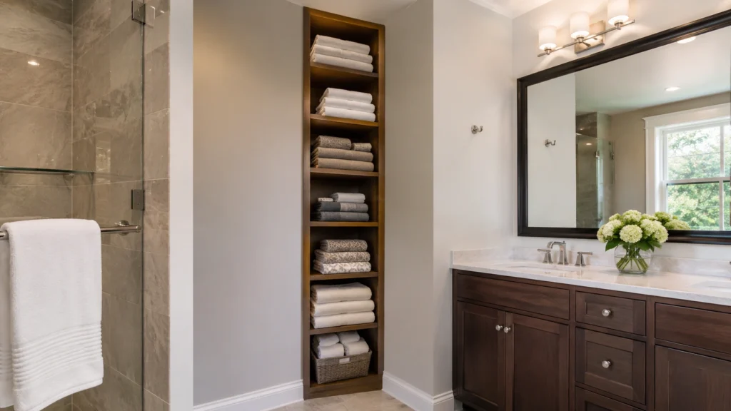 20. Floor-to-Ceiling Corner Shelf for Bath Linens