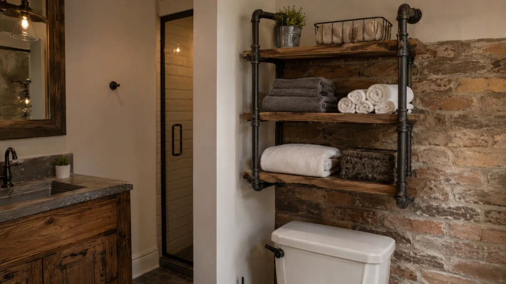 18. Industrial Pipe Shelves for Rustic Towel Storage