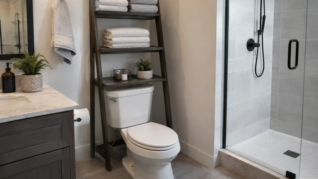 15. Ladder Shelf Behind the Toilet for Folded Linens