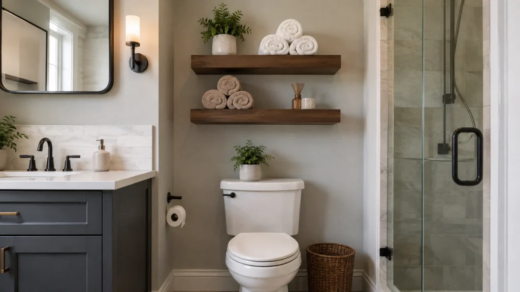 13. Two Floating Shelves Above the Toilet for Rolled Towels