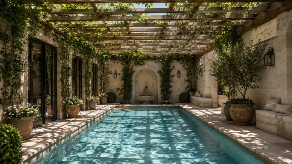 14. Courtyard Pool With a Skylight-Style Overhead Trellis