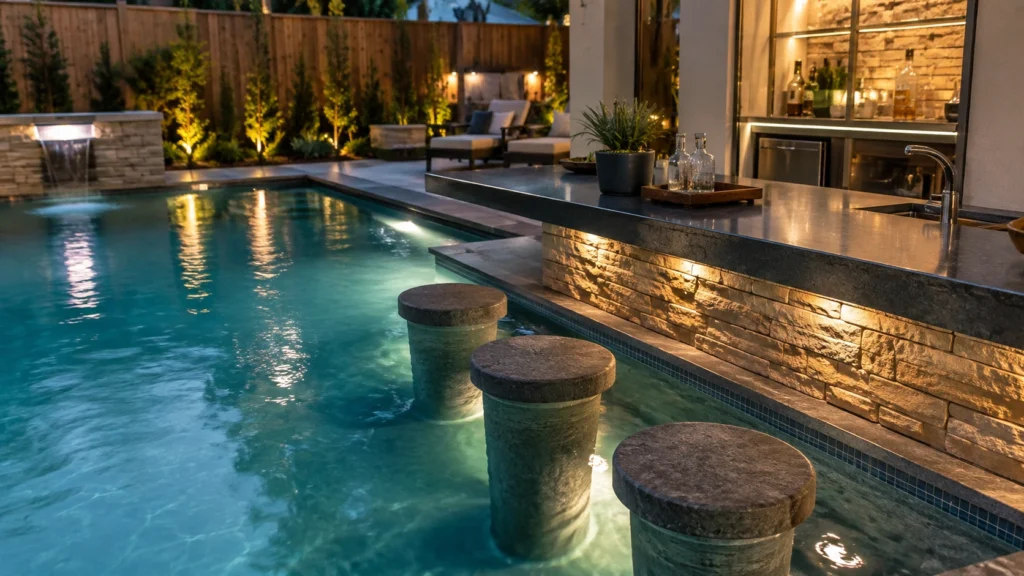 28. Swim-Up Bar Stools With a Compact Bar Counter