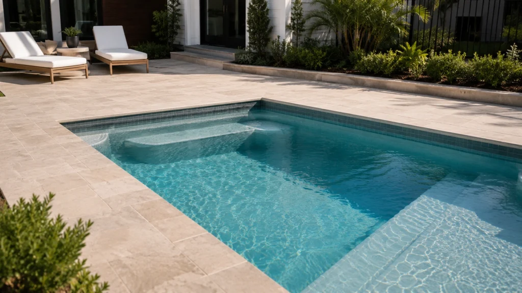 27. Corner Bench Seating Built Into the Pool Wall