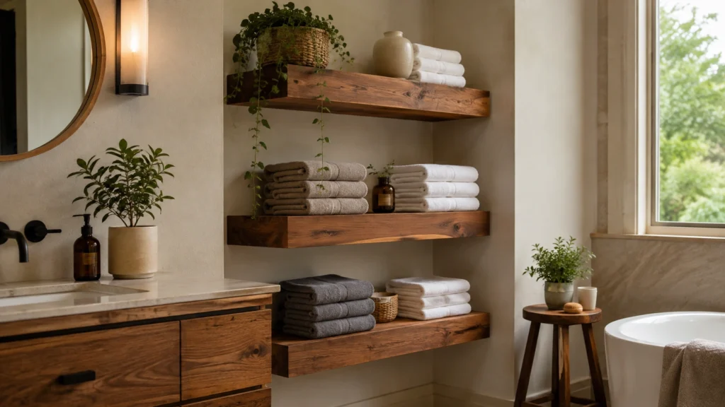 1. Natural Wood Floating Shelves for Folded Bath Towels
