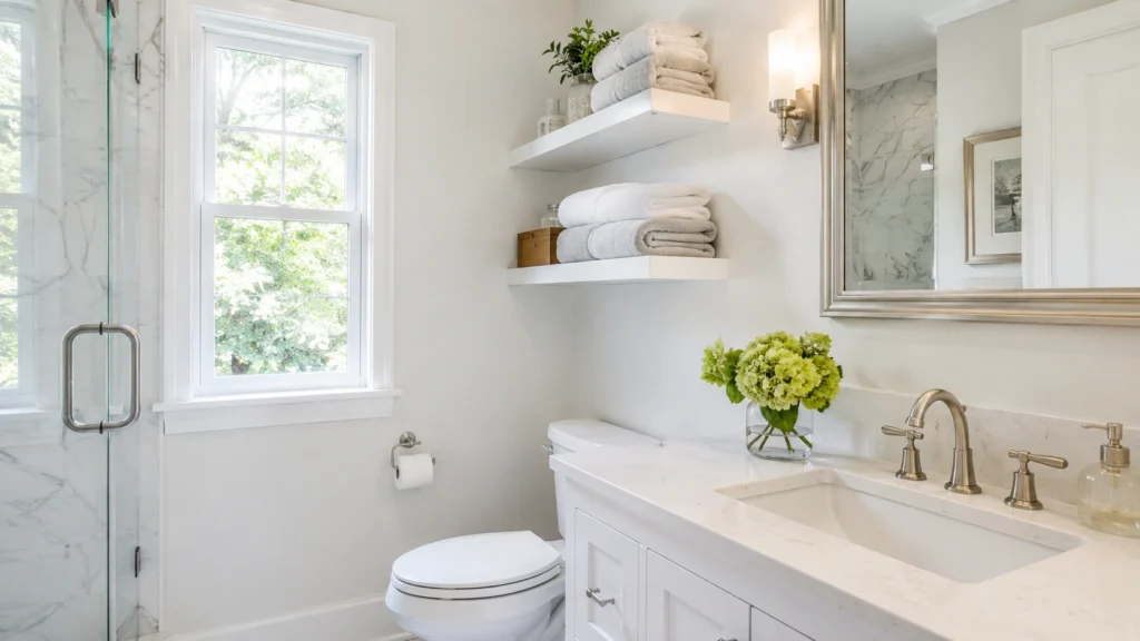 2. White Floating Shelves for a Bright Small Bathroom