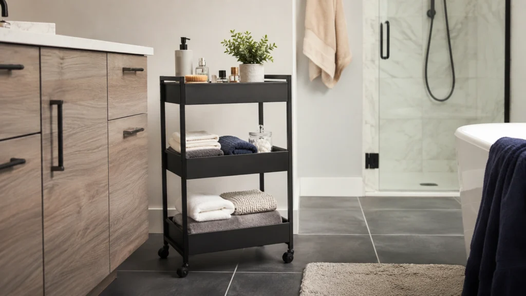 30. Rolling Bathroom Cart With Open Towel Shelves
