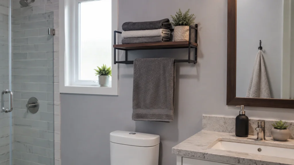 28. Wall Shelf With a Built-In Towel Bar