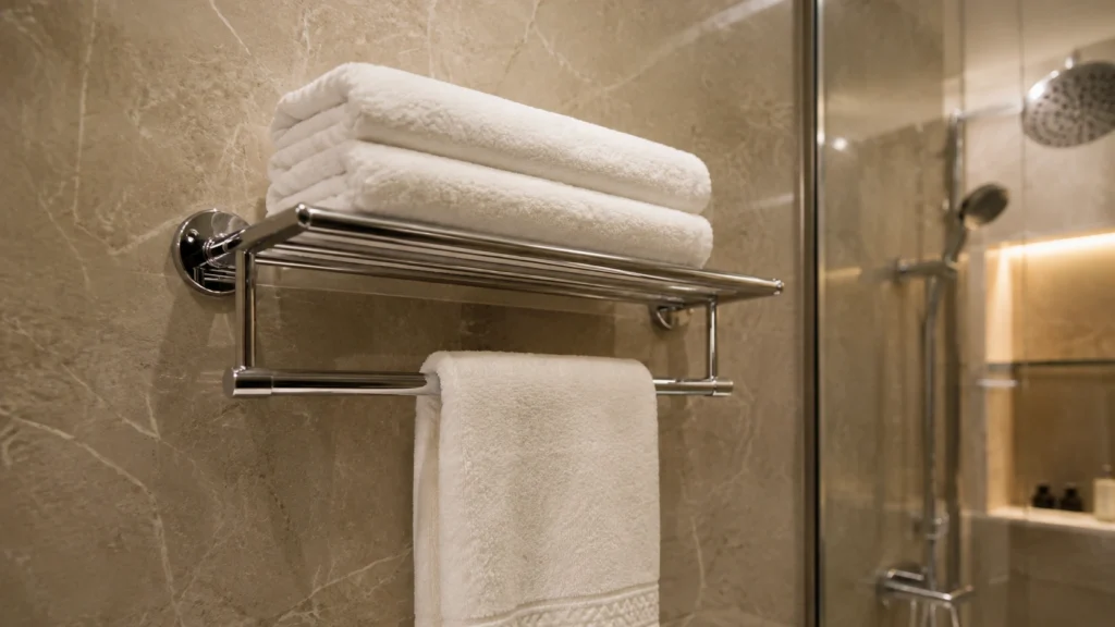 25. Hotel-Style Towel Shelf With a Hanging Rail