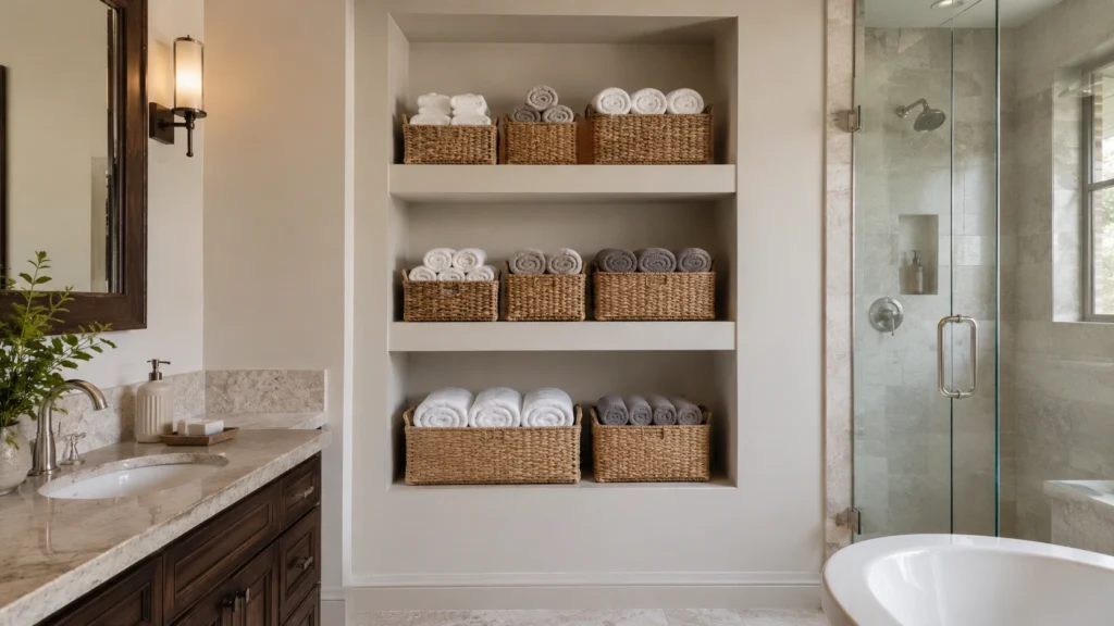 24. Deep Alcove Shelves for Towel Baskets