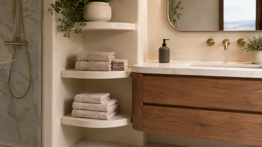 23. Rounded Corner Shelves Near the Vanity