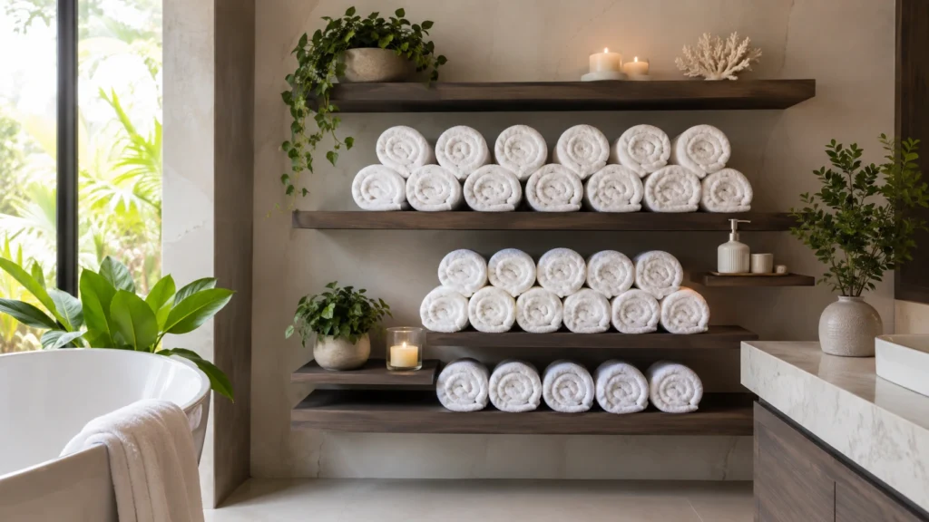 31. Spa-Style Shelves With Uniformly Rolled White Towels