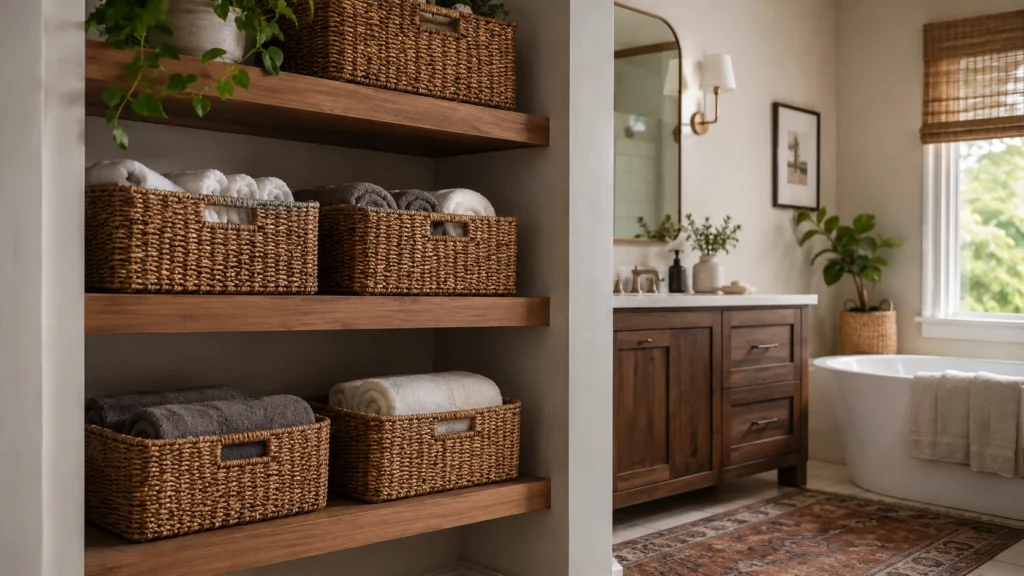 32. Woven Basket Shelves for Concealed Towel Storage