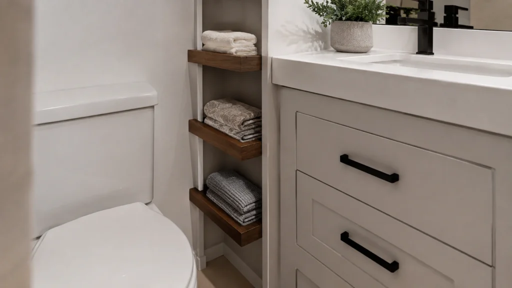 9. Slim Shelves Between the Toilet and Vanity