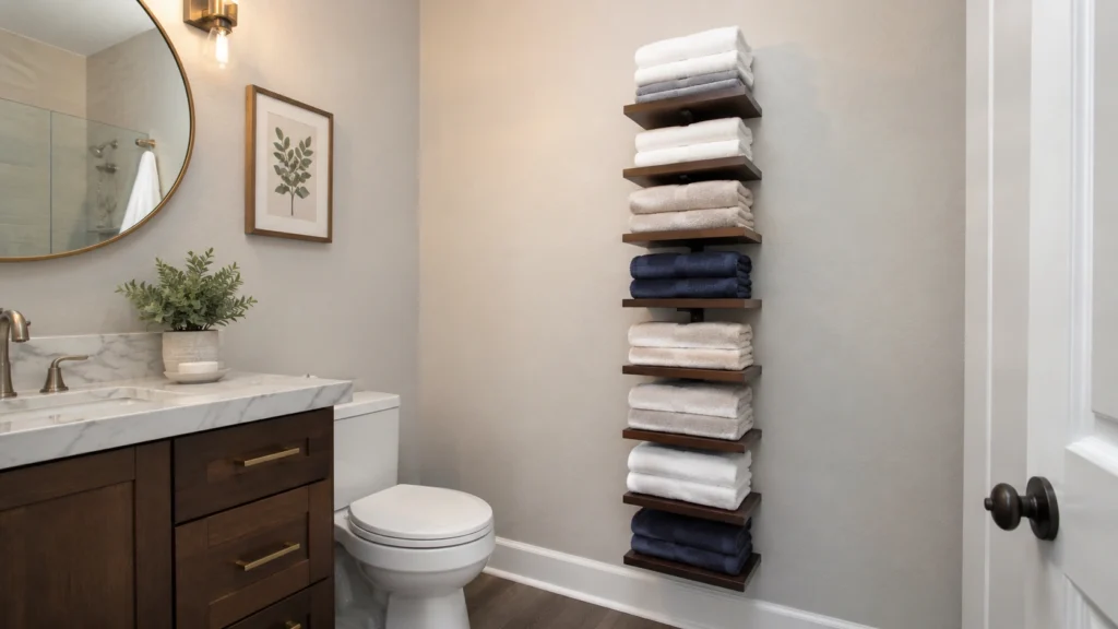 8. Vertical Towel Shelf Tower on an Empty Wall