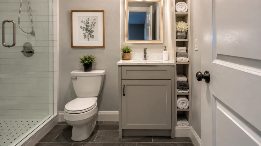 7. Narrow Towel Shelves Beside the Vanity