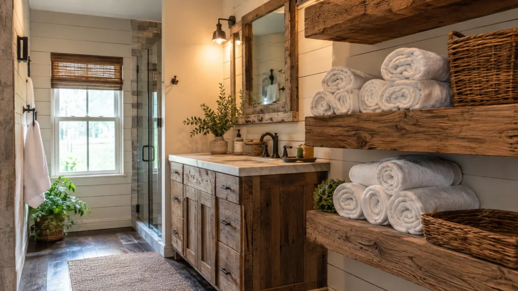 4. Thick Rustic Shelves for Rolled Towels