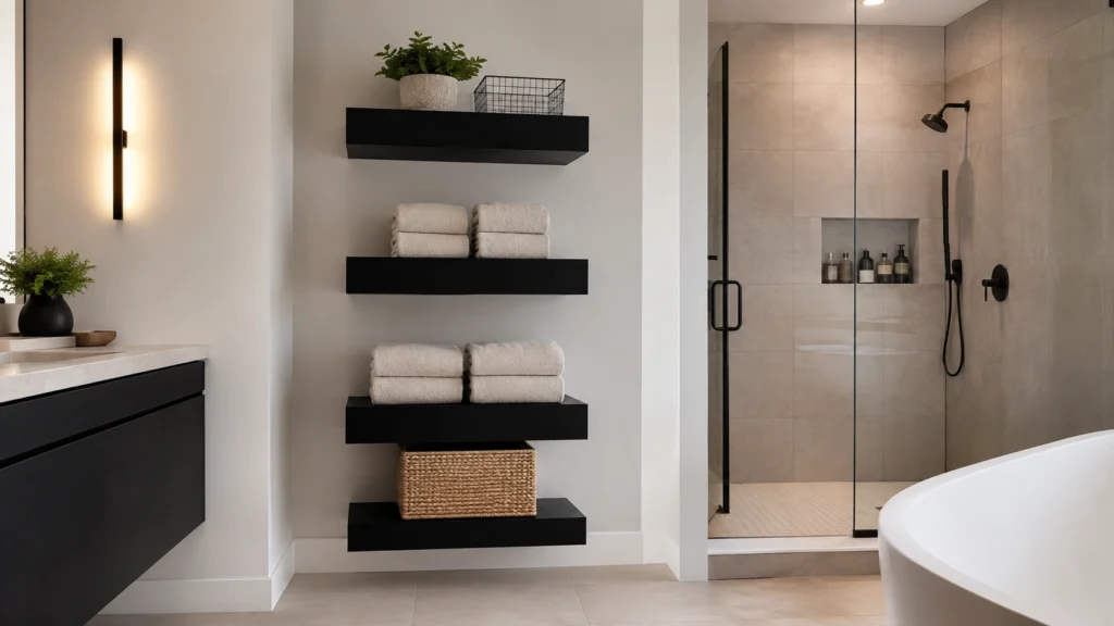 3. Black Floating Towel Shelves With Modern Contrast