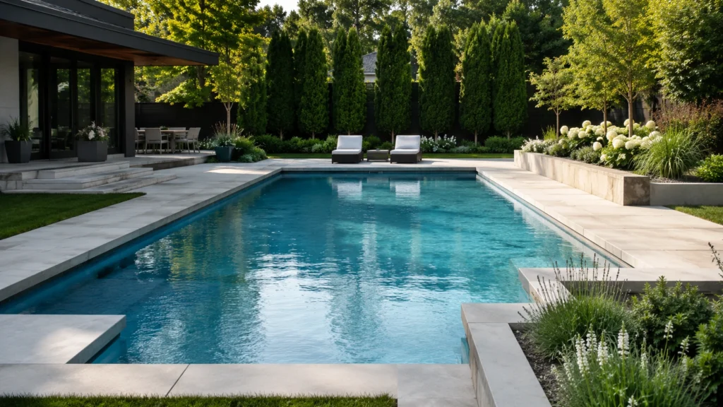 1. Geometric Rectangle Garden Pool Designs
