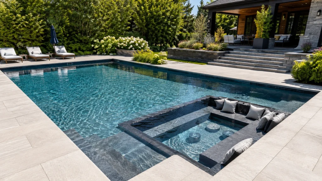 2. L-Shaped Pool With a Sunken Lounge Corner