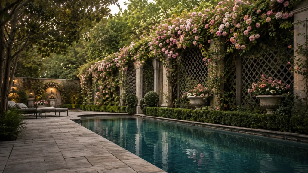 19. Flowering Vines on a Poolside Trellis Wall
