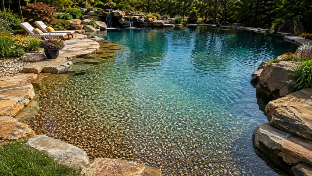 12. Natural Stone Pool With a Pebble Beach Entry