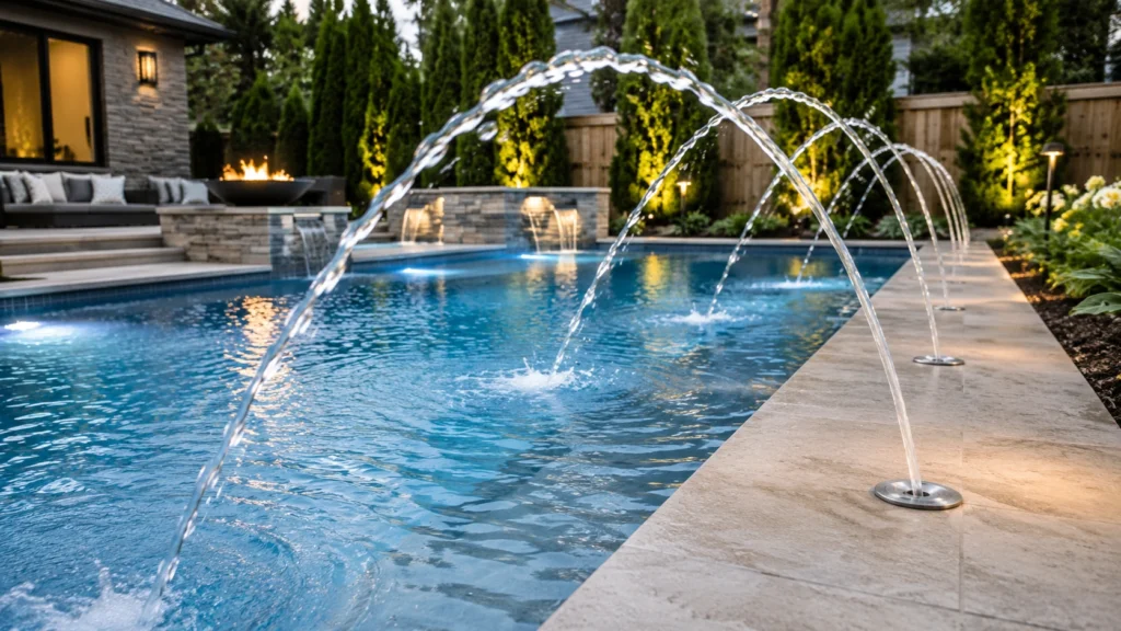 30. Poolside Fountain Jets Along the Deck Edge