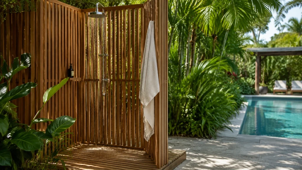 26. Freestanding Outdoor Shower With Natural Wood Slats