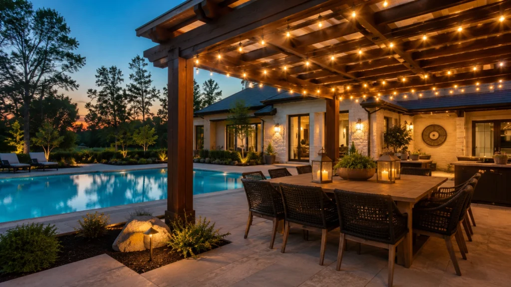 23. Poolside Dining Pergola With String Lighting
