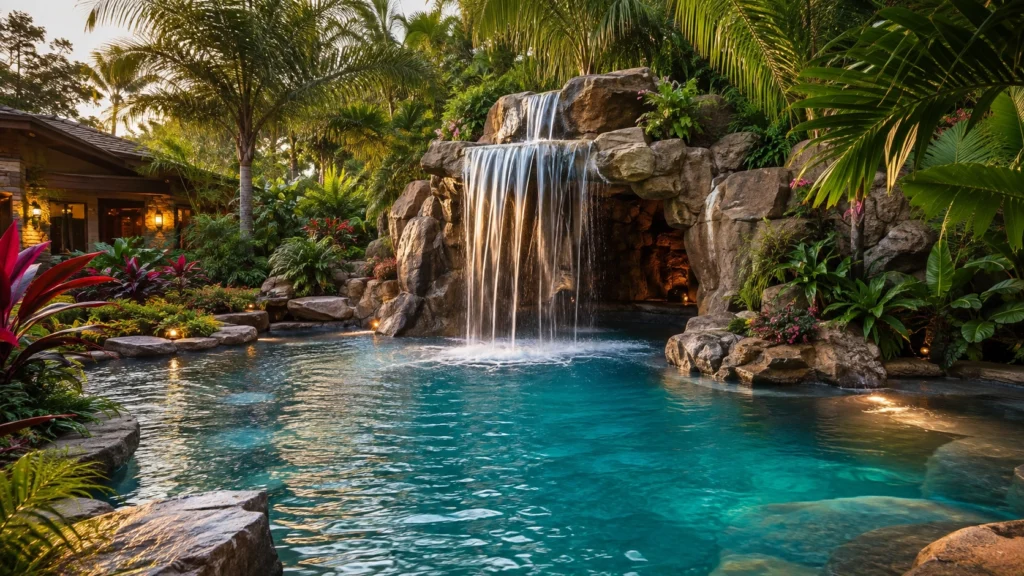9. Pool With an Integrated Spa and Fire Bowls