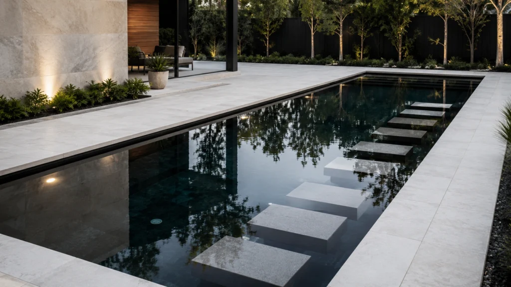 4. Minimalist Black-Bottom Pool With Floating Steps