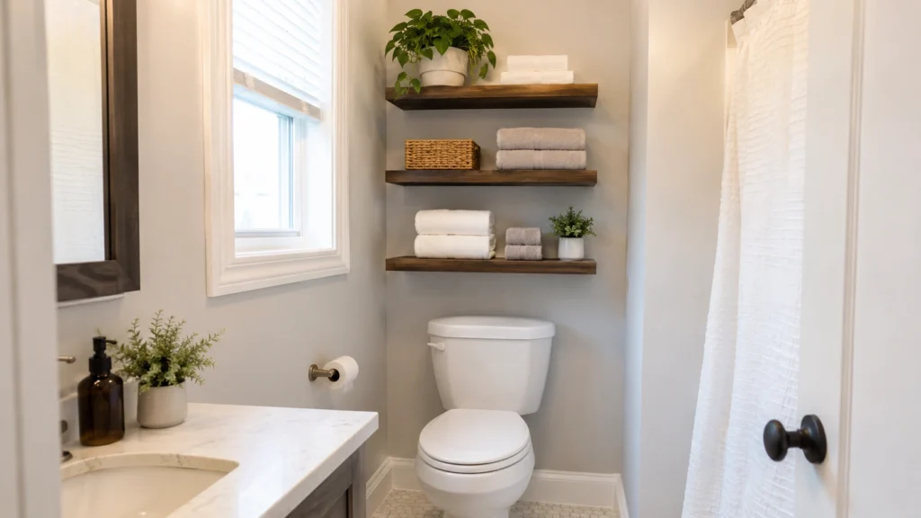 1. Floating Bath Towel and Washcloth Storage Ideas