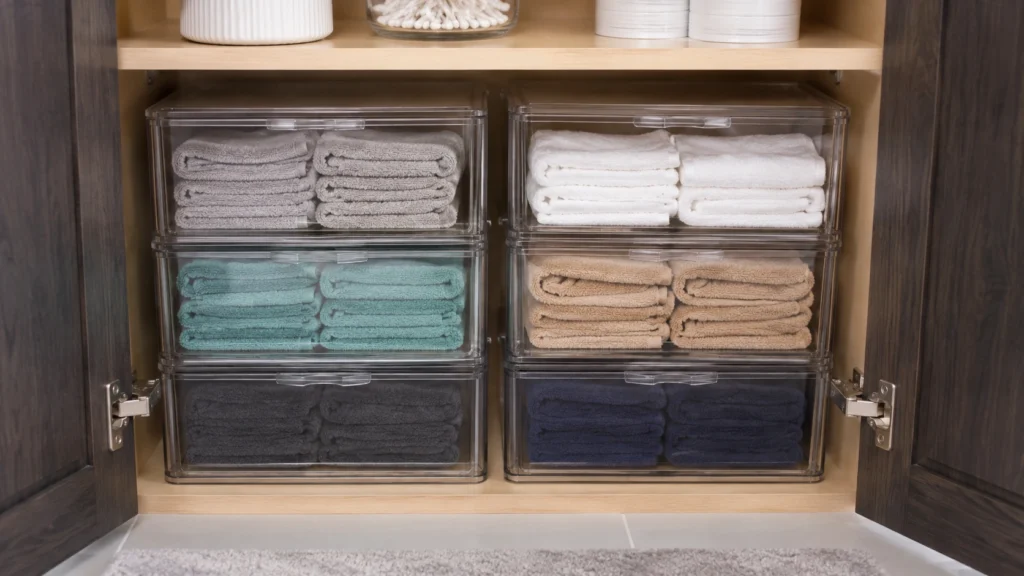 18. Clear Stackable Washcloth Drawers Inside a Cabinet