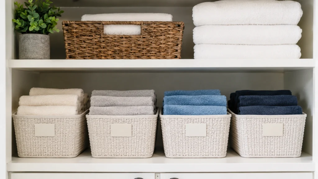 15. Labeled Washcloth Bins for Each Family Member