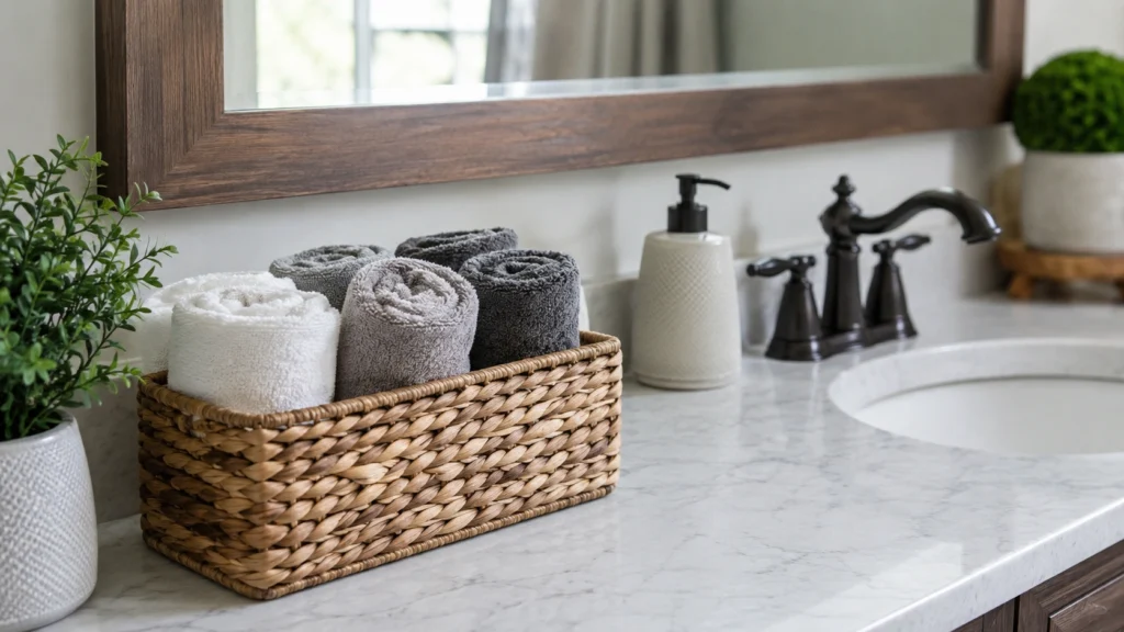 13. Rolled Washcloths in a Countertop Basket