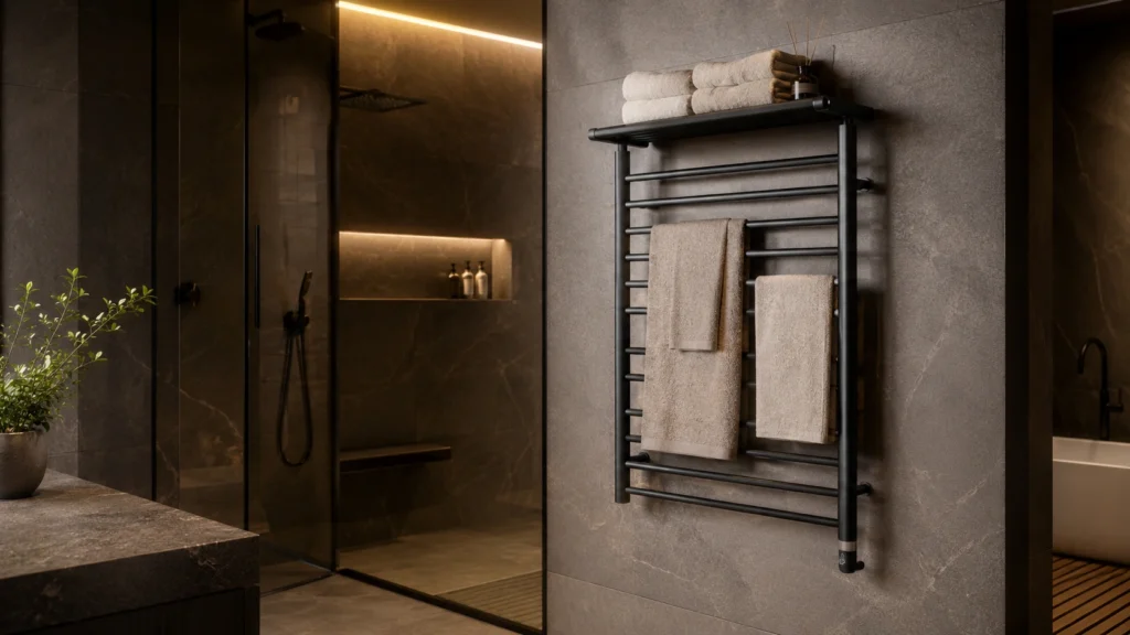 30. Heated Towel Rail With a Storage Shelf