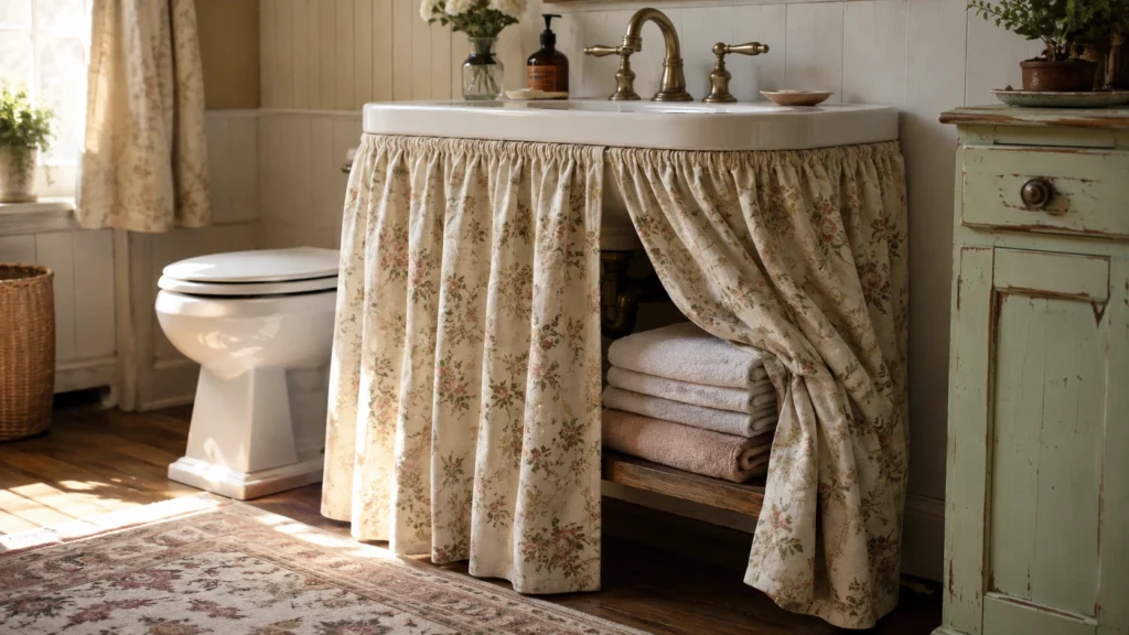 24. Sink Skirt Concealing an Under-Vanity Towel Shelf