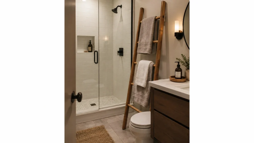 9. Freestanding Towel Ladder Beside the Shower